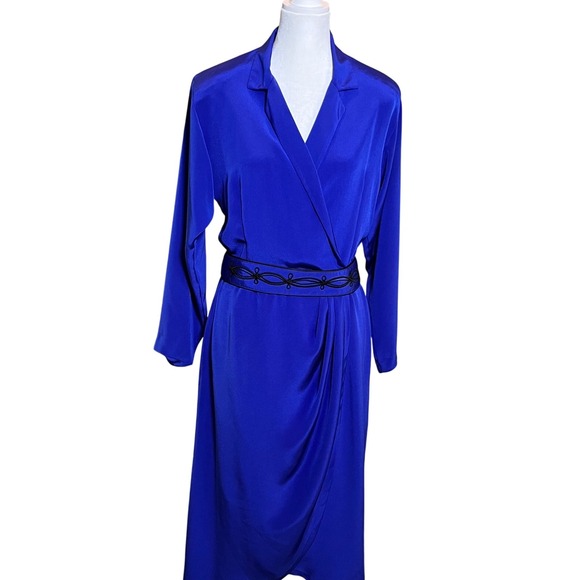 Liz Claiborne Royal Blue Dress Midi Wrap Style Belted Career Cocktail Size 10 - Picture 1 of 9